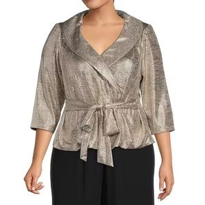 COPY - ALEX EVENINGS 3/4 Sleeve Shawl Collared Tie Waist Metallic Blouse